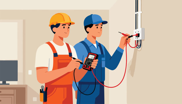 Two electricians in safety gear test electrical outlet with multimeters