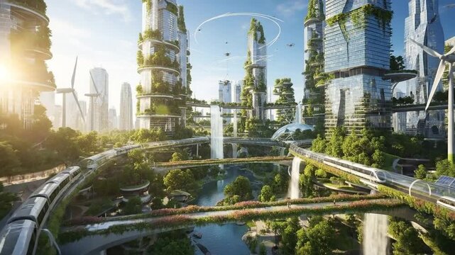 Futuristic Eco City with Green Architecture and Sustainable Transport.