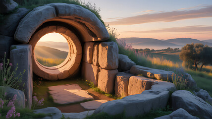 A mysterious stone structure with a circular opening frames the radiant sunrise over a serene hilly landscape