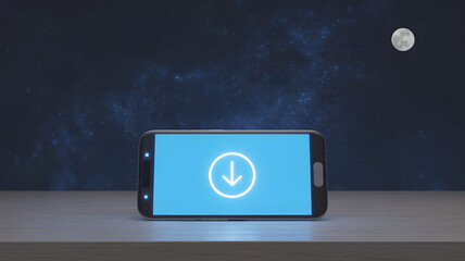 Smartphone with glowing download icon on screen at night