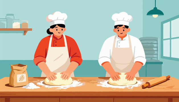 Two chefs in uniform knead dough on a floured wooden counter, with baking supplies visible