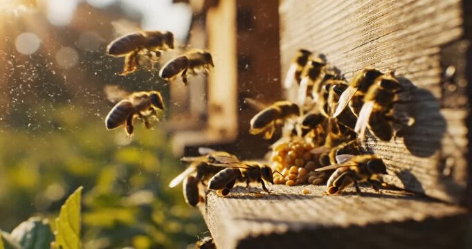 Busy bees gather pollen and nectar at a beehive in a vibrant garden during sunset