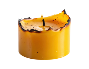 A short, yellow pillar candle with a tiny flickering flame. Its top edge is melted, uneven, and charred black from burning.