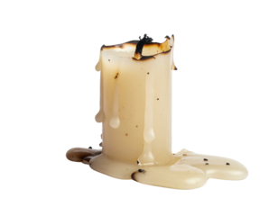 An extinguished white candle with a burnt, blackened wick. Melted wax has dripped down its side and pooled at the base, showing signs of use.
