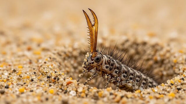 Closeup of an antlion larva with serrated mandibles emerging from sand