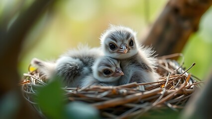 noticeably. A fluffy fledgling bird in a nest, smaller than its siblings, with a soft-focus background. wildlife magazines, conservation campaigns, designed for eco-tourism storytelling.