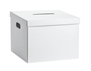 A white cardboard box with a lid. It features a narrow slot on top and cutout handles on the sides, making it ideal for collecting ballots, suggestions, or donations.