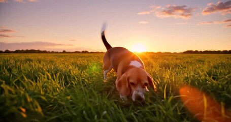 A playful beagle stands in a sunlit field, surrounded by tall grass under a vibrant sunset