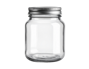 An empty glass jar with a silver-colored screw-top lid.