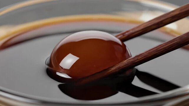 Raw egg yolk dipped in dark sauce with chopsticks