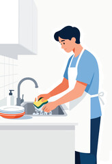 A person wearing an apron scrubs dishes at a kitchen sink with running water
