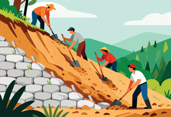 Group of workers building a retaining wall in a hilly, forested area