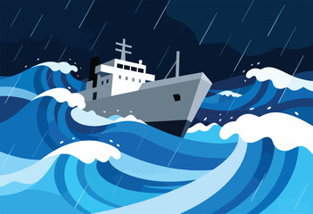 Ship battling stormy seas with heavy rain