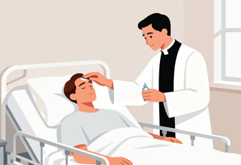 Cleric anoints a patient lying in a hospital bed with oil