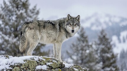 Fototapeta premium Wild Grey Wolf Standing on Snowy Rock in Lamar Valley Yellowstone Winter