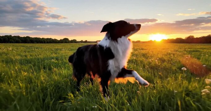 A playful border collie walks through a sunlit field at sunset, with vibrant clouds in the sky