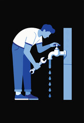 A person with a wrench fixes a dripping faucet with water drops falling