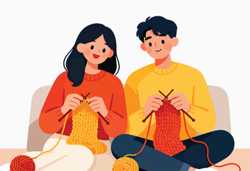 Two people happily knitting warm sweaters and yarn balls