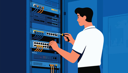 Technician working on server rack with screwdriver