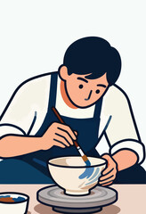 Person paints blue swirls onto a pottery bowl on a turntable