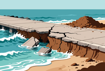 Cracked concrete walkway collapses into ocean waves, leaving debris behind