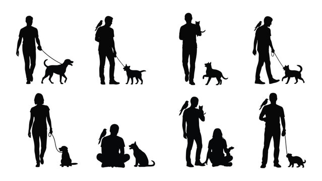 Silhouettes of people walking their dogs showcasing various poses and companionship