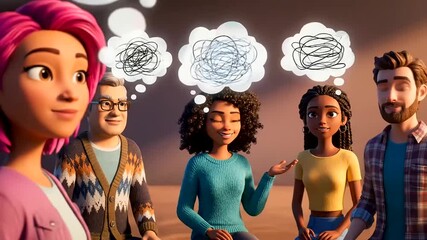 Diverse Animated Group Discusses Mental Health Awareness, Transforming Tangled Thoughts into Clarity and Understanding