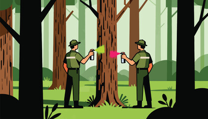 Two people in uniform spray paint onto trees in a forest