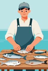 Man wearing cap and apron handling fresh fish on a wooden table