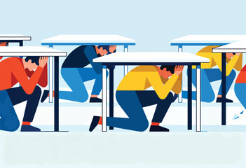 People sheltering under tables during a disaster or earthquake drill