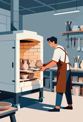Craftsman places ceramic vessels into a brick kiln in a studio