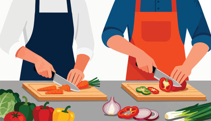 Two people in aprons chop fresh vegetables on cutting boards