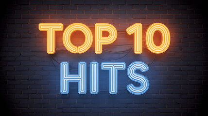 Vibrant neon sign on brick wall with top 10 hits