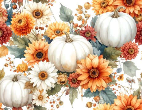 White pumpkins amidst yellow and orange flowers, with green and muted leaves on a white background in a seamless pattern