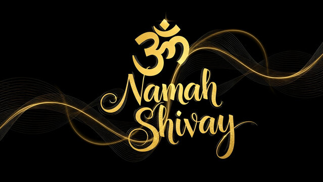 Premium gold calligraphy "Om Namah Shivay" mantra vector. Spiritual typography design with energy flow effect. Maha Shivratri greeting.
