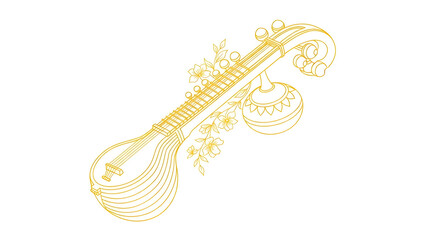 Minimalist Veena musical instrument line art vector. Saraswati Puja and music theme illustration. Simple outline design with floral elements.
