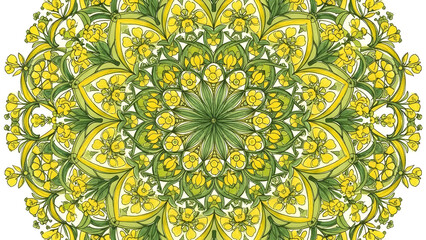 Detailed mandala pattern with mustard flowers (Sarson ke Phool). Yellow and green vector ornamental design for Vasant Panchami. Floral abstract art.