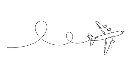 A minimalist line drawing depicts an airplane in flight, leaving a looping trail behind it. © Joko