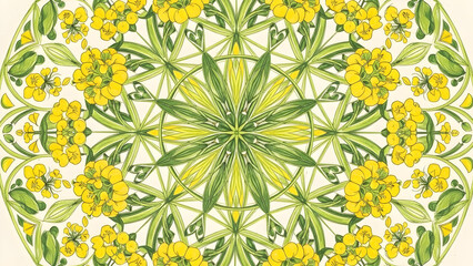 Detailed mandala pattern with mustard flowers (Sarson ke Phool). Yellow and green vector ornamental design for Vasant Panchami. Floral abstract art.