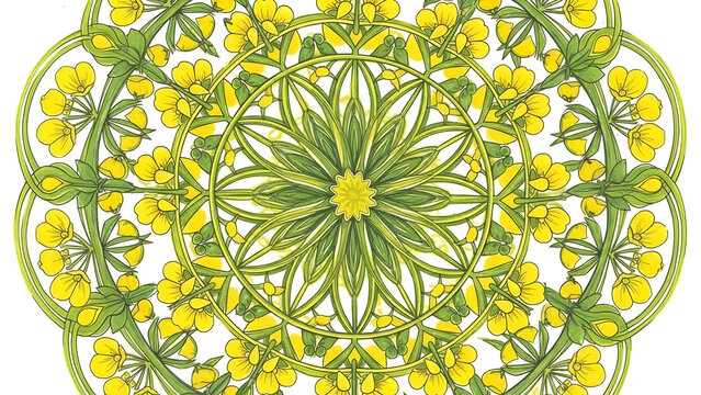 Detailed mandala pattern with mustard flowers (Sarson ke Phool). Yellow and green vector ornamental design for Vasant Panchami. Floral abstract art.
