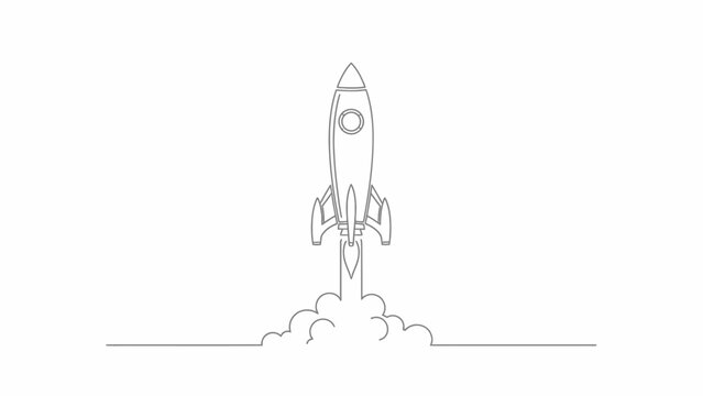 A minimalist line drawing of a rocket launching upwards with smoke billowing from its base.