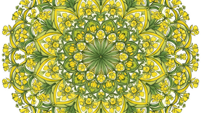 Detailed mandala pattern with mustard flowers (Sarson ke Phool). Yellow and green vector ornamental design for Vasant Panchami. Floral abstract art.

