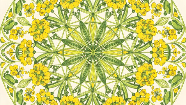 Detailed mandala pattern with mustard flowers (Sarson ke Phool). Yellow and green vector ornamental design for Vasant Panchami. Floral abstract art.
