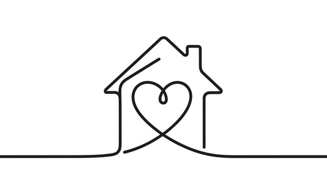 A minimalist continuous line drawing of a house with a heart inside, symbolizing home and love.