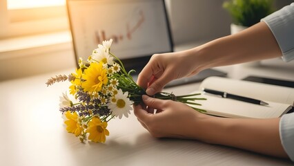Woman Arranging Flowers on Office Desk.