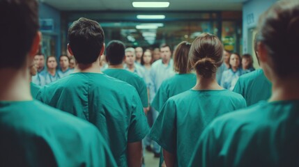 Medical Professionals in Scrubs Walking Through Hospital Corridor