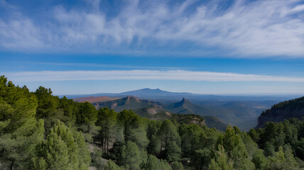 Serene mountain landscape with lush green forest and blue sky