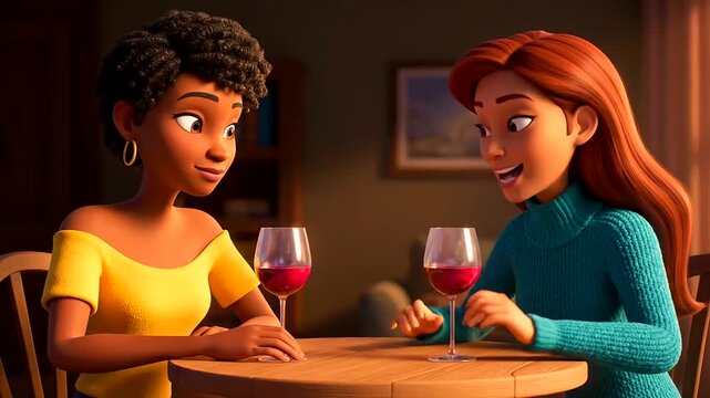 Heartfelt Animated Conversation: Two Friends Connect Over Wine, Emphasizing Emotional Support and Mental Health Awareness for Well-being.