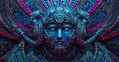 Intricate cyberpunk portrait with neon hues and futuristic design