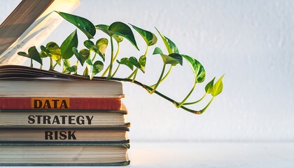 Fresh money plant pothos growing from stack of old books labeled data strategy and risk, concept of business growth and knowledge